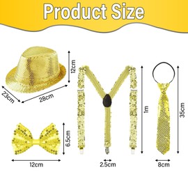 Yi'antai Men's Glitter Clothing, Glitter Outfit Men, Glitter Accessories Men, Glitter Costume Men's with Glitter Bow Tie, Sequin Braces Tie, Men's Sequin Top Hat (Gold)