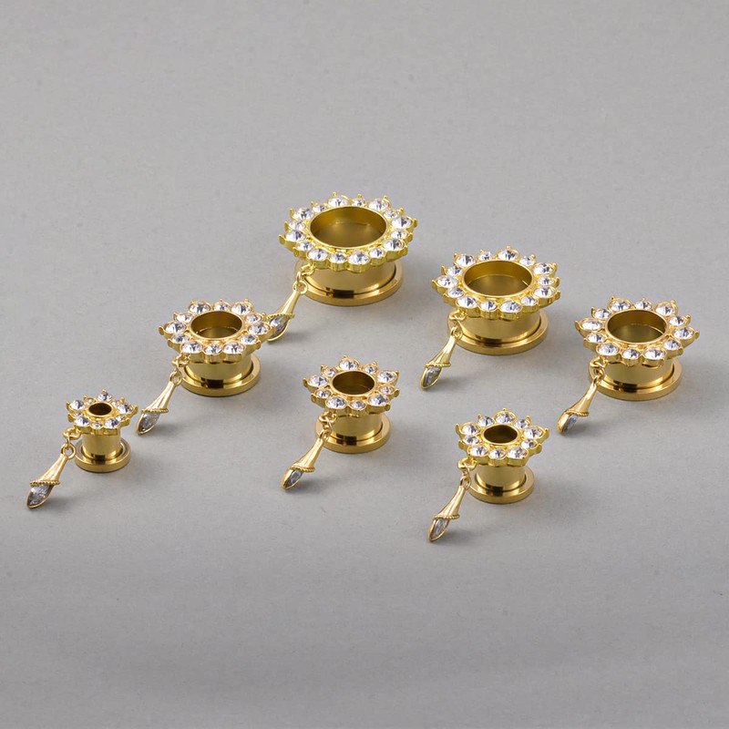 KUBOOZ Gemmed Flower Drop Eyelets Gold Plated Stainless Steel Flare