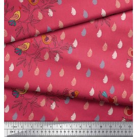 Soimoi Rayon Fabric Feather,Branch & Bird Kids Decor Fabric Printed metre 56 Inch Wide