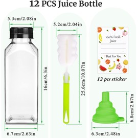 Plastic Juice Bottles with Caps 12 Pack -12oz Reusable Juicing Containers with 12 Labels & Silicone Funnels- Food Grade Leakproof Clear Bottles for Juice Milk Coffee Smoothie Drinking Christmas Gifts