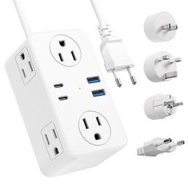 kakyanill Kakyanill European Travel Plug Adapter, EU/UK/US Travel Plug Adapter Power Strip, 6 AC Outlets, 4 USB Ports (2 USB C), 3ft Wrapped Around Extension Cord, Universal Travel Adapter