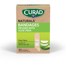 CURAD Naturals Aloe Vera & Vitamin E Bandages 0.75" x 3", Individually Wrapped Sterile Bandage, First Aid Kit Essential, Protects Scrapes and Cuts, Absorbent and Self-Adhesive, 30-Count Box