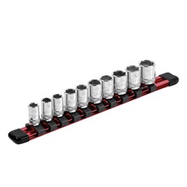 ARES 60075-1/4-Inch Red Black 9.84-Inch Socket Organizer - Aluminum Rail Stores up to 10 Sockets and Keeps Your Tool Box Organized