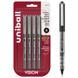 uniball Vision Rollerball Pens, Micro Point (0.5mm), Black, 4 Pack