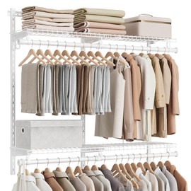 SONGMICS HOME Closet System, Closet Insert Organizer, 4-6 ft, Adjustable Metal Shelving Unit with 4 Hanging Rods, 4 Shelves, and Hooks, for Pantry Mudroom Garage Basement, Cloud White URGR031W01