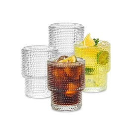 SoulTimes Glass Cups Vintage Glassware | Set of 4 Small, Raindrop Origami Style Transparent Cocktail Glasses Set, Beaded Detailing Pattern Ice Coffee Cup Juice Drinkware, Clear, 190ml (S)
