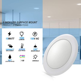 ECOELER 6 Inch LED Flush Mount Ceiling Light, Surface Mount LED Disk Light, Aluminum Baffle Trim, 15W, 4000K Cool White, 1100LM, Dimmable. Energy Star&UL-Listed, 4Pack