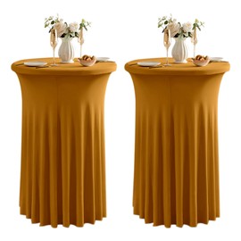 Dimatic 2 Pack Gold High Top Cocktail Tablecloth Stretch Cocktail Table Cloth with Skirt Fitted 32 inch Round Spandex Table Cloths for Party Wedding Banquet Birthday