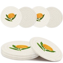 Earndodo Round Lemon Woven Drink Coasters, 5 Inches Cotton Rope Coasters for Drinks, Boho Fruit Design Heat Resistant Cup Coasters for Coffee Table