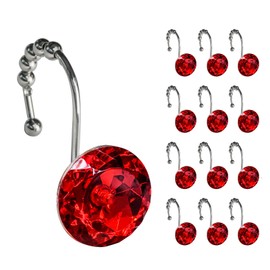 Sunlit Luxury Design Round Red Diamond Crystal Gem Bling with Glide Balls Shower Curtain Hooks, Rust Proof Metal Rhinestones Shower Curtain Rings-12 Pack