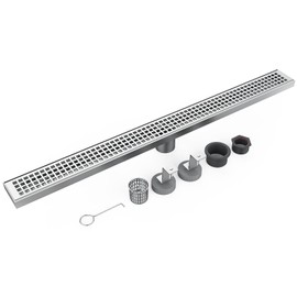 GAOMON 32-Inch Linear Shower Drain with Removable Quadrato Pattern Grate, Brushed 304 Stainless Steel Rectangle Shower Floor Drain, Bathroom Linear Drain with Leveling Feet,Hair Strainer