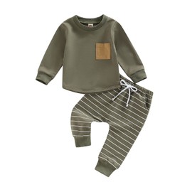 CIYCUIT Toddler Baby Boy Clothes Long Sleeve Sweatshirt Striped Pants Set 0 6 12 18 24 Months 2T 3T Fall Winter Outfits Green 6-12 Months