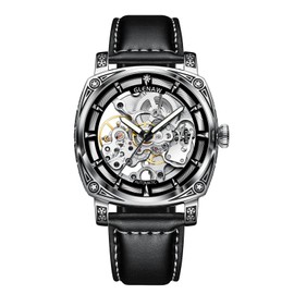Carved Automatic Watches for Men, Retro Tattoo Skeleton Self-Winding Mechanical Watch Men's Automatic - 3 ATM Waterproof, Luminous Hands, Skeleton Dial, Ideal for Everyday Wear and Formal Occasions (Black)