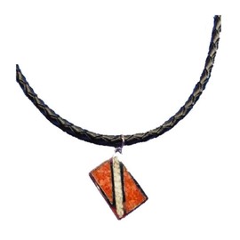 Dive Flag Pendant - Tarnish-Free Rhodium-Plated Bronze, with Inlay of Simulated Red Coral and Mother-of-Pearl Chips, on Black, Braided, Genuine Leather Cord with Extender