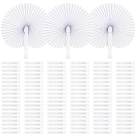 Helimoto 100 Pcs Paper Fans, White Round Folding Hand Fan of Plastic Handle, Hand Portable Paper Fan of Summer Paper Fan, White Fan for Wedding Birthday Party Favors and Home Decoration