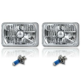 Octane Lighting 4X6 Diamond Crystal Clear Glass Lens Metal Headlight H4 Light Bulb Headlamp Pair