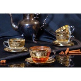 Red Co. Set of 6 Decorated Clear Glass 5 Fl Oz Tea Cups with Golden Greek Key Trim and Matching Saucers