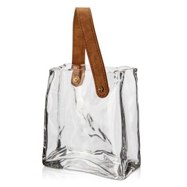 Oairse Jarrón de vidrio para floreros transparentes para centros de mesa, bolsa de vidrio con asa de piel, jarrón pequeño para decoración decorativa, pecera, jarrón para decoración del hogar, boda