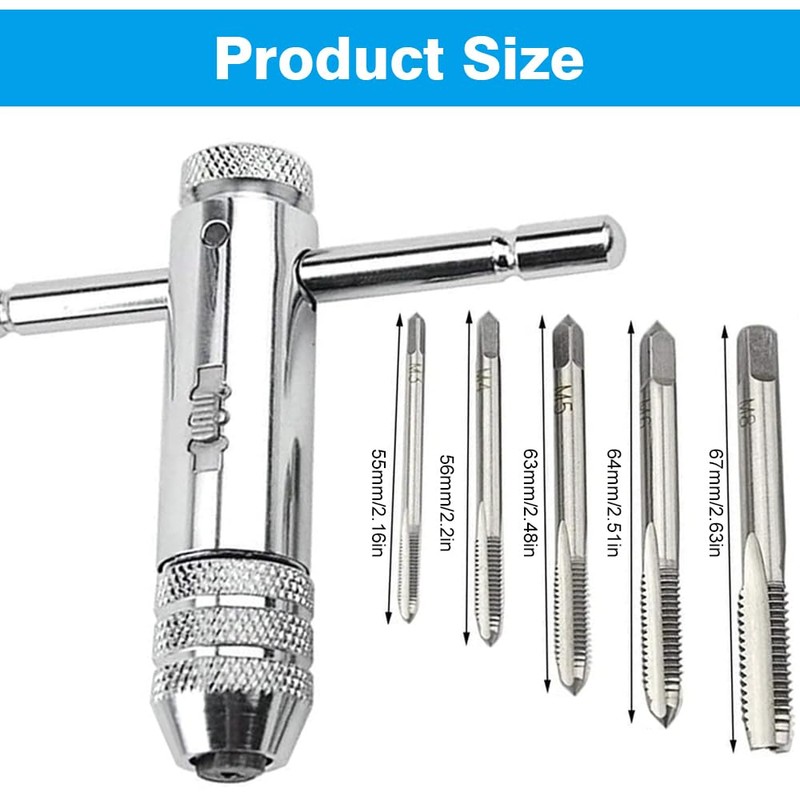 Puedno Adjustable T-Handle Ratchet Tap, M3-M8 Threading Wrench Set, Machine
