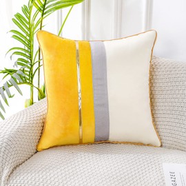 PANOD Patchwork Yellow Silk-Like Velvet Throw Pillow Cover with Gold Striped Leather Cushion Case Modern Luxury Square Pillowcase for Sofa Couch Bedroom Living Room Home,20x20 inch