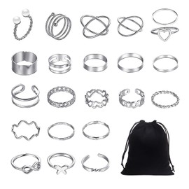 EHDWXVZM 22 Pieces Adjustable Rings, 1 Piece Storage Bag, Women's Thumb Rings, Women's Ring Set, Silver Ring Set, Stackable Rings, Metal, No