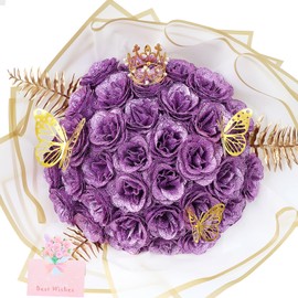 DIY Glitter Roses Bouquet 36 Pack - Artificial Shiny Flowers Bouquet Fake Eternal Floral with Stems Flower Wrapping Paper 3D Butterflies Crowns for Anniversary Valentine's Day Birthday -Lilac Rose