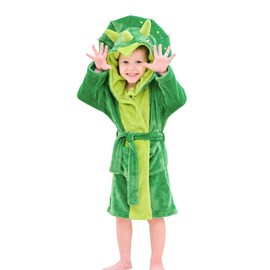 LOLANTA Boys' Girls' Hooded Flannel Bathrobes Kids Dinosaur Dressing Gown Christmas Gift(Green, 6-8 Years)