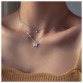 Inilbran Boho Layered Butterfly Necklace Choker Silver Rhinestone Butterfly Pendant Necklace Chain Crystal Butterfly Chain Necklace Sparkly Cz Butterfly Dangle Necklace for Women and Girls