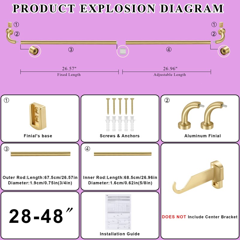 Brass Disc Curtain Rods, 28-48 Inches Window Curtain Rod,Adjustable Room