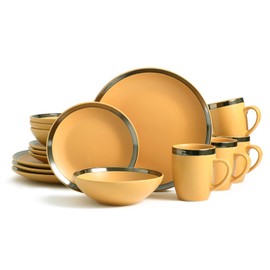 Bestone 16 Piece Round Kitchen Dinnerware Set,Plates and Bowls sets,Dishes, Plates, Bowls, Mugs, Dish Set，Plates and Bowls,Service for 4, Stoneware (round, yellow and gold rim)