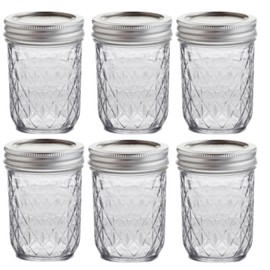 Quilted Crystal Design Regular Mouth Mason Jars Bundle with Lids and Bands - 6 Pack of 8oz Canning Jars for Storage & Display