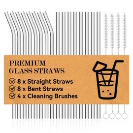 Foogwee® 20 Packs Reusable Glass Straws Set, 8.5'' x 10mm Clear Drinking Straws for Smoothies, Shakes, Coffee, Juice, Sodas, Milk, Tea, Cocktails (8 Straight Straws + 8 Bent Straws + 4 Cleaning Brush)