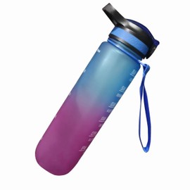 IOLOYU Drinking Bottle 1 Litre with Straw Sports Water Bottle Leak-Proof Water Bottle with Time Marking and Water Volume Scale 1 Litre Large Aesthetic Bottle BPA-Free Bottle for Sports (Blue + Purple)