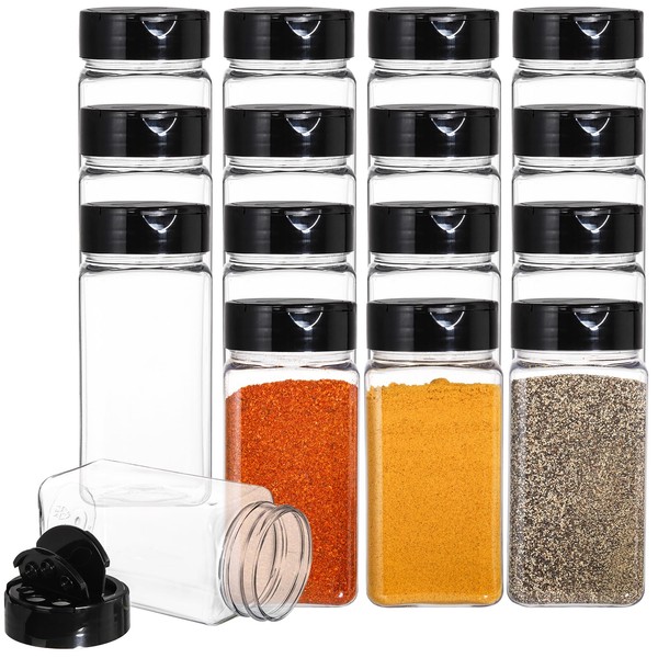 Bekith 16 Pack Plastic Spice Jars Bottles for Storing Spice, Herbs and Powders - 9 Oz BPA free Plastic Spice Containers with Black Flip Top Cap to Pour or Shaker/Sifter