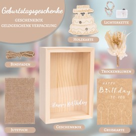 YYSWSAKY Geldgeschenke Geburtstag, Geburtstag Geldgeschenke Verpackung Wunscherfüller, Happy Birthday Geschenkbox inklusive Holzbox, Trockenblumen, Lichterketten, Karte, Alternative zum Geldumschlag
