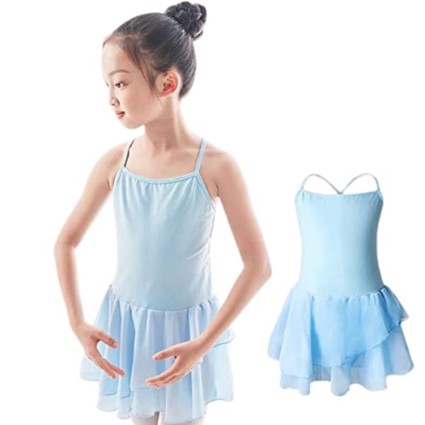 EsuonHappiness Ballet Camisole 110 Light Blue Leotard Tiered Skirt Chiffon Cross Strap for Kids Junior