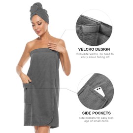 vislivin Women's Sauna Kilt Bathrobe & Hair Towel Sauna Kilt Women Sauna Kilt with Velcro Fastening and Elastic Band Grey XL, gray