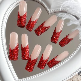 NAIL ANGEL 10pcs Handmade Press On Nail Tips Red Rhinestone French XXL Long Coffin Types Artifical Nails Party Nails Glitter Rhinestones ZJ-02(S)