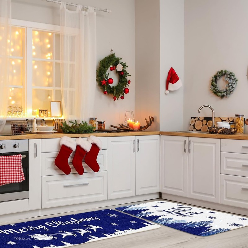 Merry Christmas Kitchen Rugs Set of 2, Blue Snowflake Kitchen