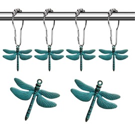 Antique Green Dragonfly Shower Curtain Hooks - Decorative Shower Hooks for Shower Curtain Rust Proof Shower Curtain Rings, Natural Forest Garden Farm Theme Bathroom Decor Accessories Set