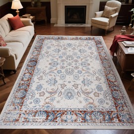 Zentavio 9x12 Washable Area Rugs, Vintage Non-Slip Floral Living Room Rug, Indoor Foldable Floor Thin Low Pile Carpet for Farmhouse Bedroom Dining Room Red