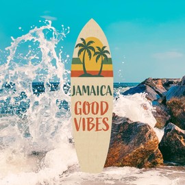 Outdoor Surfboard Wall Art Jamaica Good Vibes Sign with Sunset and Palm Trees, Beach House Tropical Coastal Decor Weatherproof PVC, 4 Foot