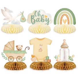 BETESSIN Baby Shower Decoration Boy Green - Pack of 6 Baby Shower Table Stands with Stork Birth & Boho Rainbow Motifs - Welcome Home Baby Decoration - Table Decoration for Baby Shower Party & Baby