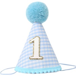 Blue Theme 1st Birthday Party Hat - Boys First Birthday Check Cone Cap - Kids' Party Headwear For 1st Birthday - First Birthday Party Hat For Baby Boy - Blue First Birthday Celebration Gear