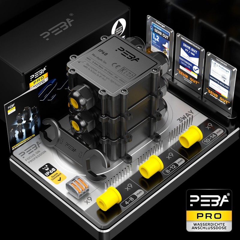 PEBA IP68 Waterproof Cable Junction Box, 3-Way Outdoor Cable Connector,