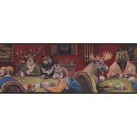 CONCORD WALLCOVERINGS ™ Wallpaper Border Vintage Poker Pattern Moose Bear Elk Fox Sheep Playing Game for Dining Area Cottage, Brown Green Blue Yellow Red Black, Size 9 Inches by 15 Feet LL50163B