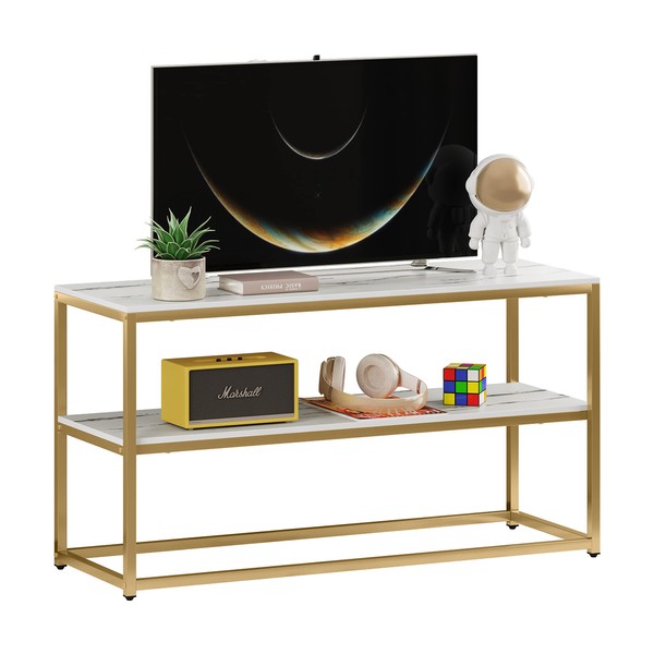 Function Home TV Stand for TVs up to 50 Inch, 3 Tier Entertainment Center, Modern TV Cabinet with Marble Top and Gold Metal Base, 42" Media Console Table with Storage for Living Room Bedroom