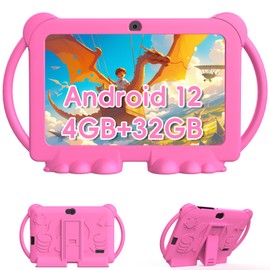 BYANDBY 2024 Kids Tablet, 7 inch Android 12 Tablet for Kids, 4GB+32GB ROM+1TB Expand Quad-Core Toddler Tablet with Shockproof Case, BT, WiFi, Parental Control, 2MP+5MP Dual Camera, Games(Pink)