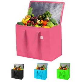 Adalex Global 16L Insulated Reusable Grocery Shopping Bag, Shopping Tote with Zippered Top for Hot and Cold Food Transport, Cooler Bag for Picnic Wine, Stands Upright (30x18x30cm 16L Pink)