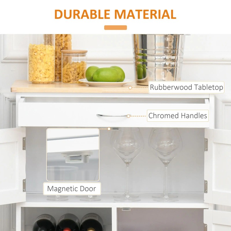 White Wooden Rolling Kitchen Cart with Storage Drawer 9-Bottle Wine